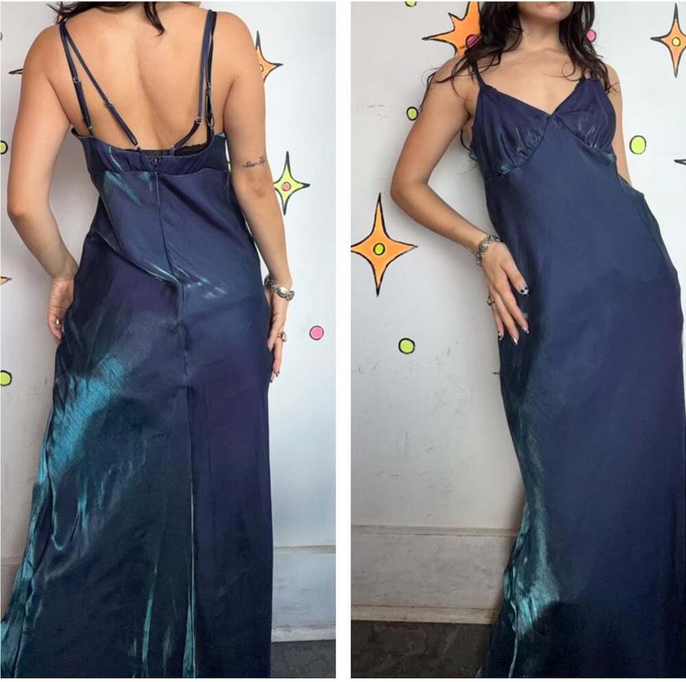 Vintage 90s Blue Iridescent Maxi Slip Dress | Fairy Grunge Y2K Glam Small Medium
